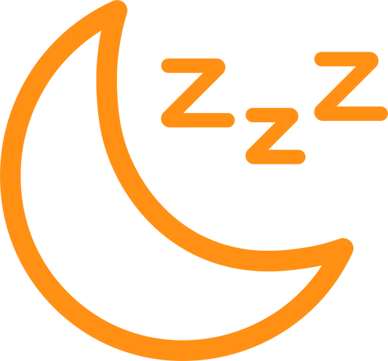 Orange crescent moon with 'zzz' symbols, indicating sleep.