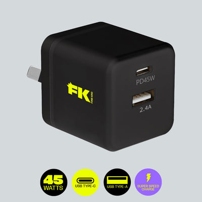 Fone King Cables & Chargers Black FK 45W Dual USB-C / USB Super Speed Charger