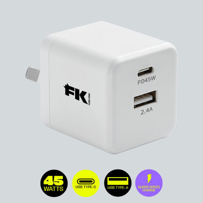 Fone King Cables & Chargers White FK 45W Dual USB-C / USB Super Speed Charger