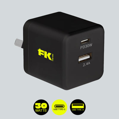 Fone King Cables & Chargers Black FK SUPER SPEED DUAL WALL CHARGER - 30W